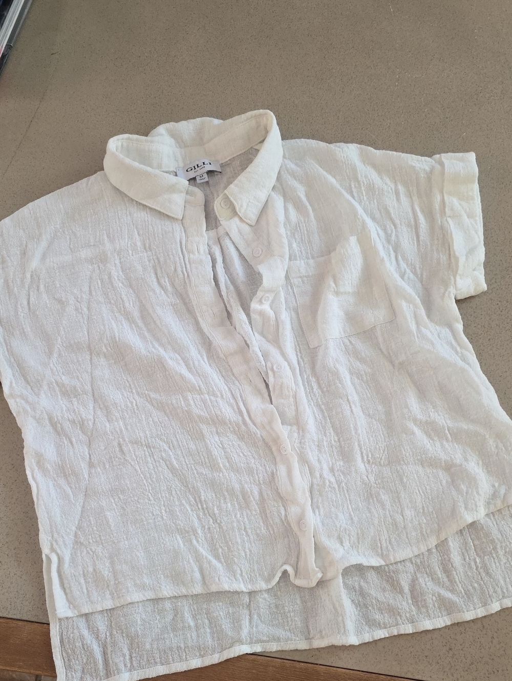 White Button-Front Short-Sleeve Textured Shirt